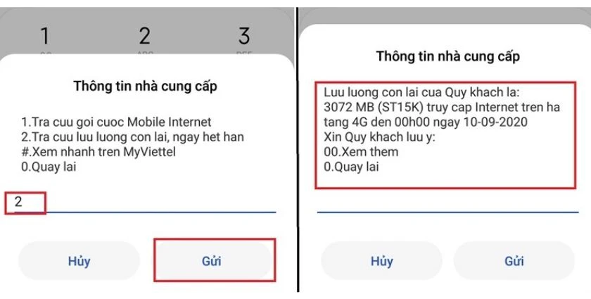 Bấm tiếp số 2 > Chọn Gửi để kiểm tra lưu lượng data c&ograve;n lại