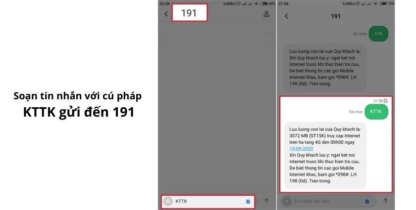 Kiểm tra dung lượng 3G|4G Viettel bằng tin nhắn tổng đ&agrave;i 191