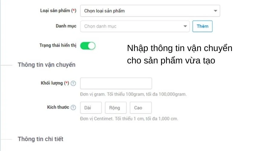 nhập th&ocirc;ng tin vận chuyển cho sản phẩm