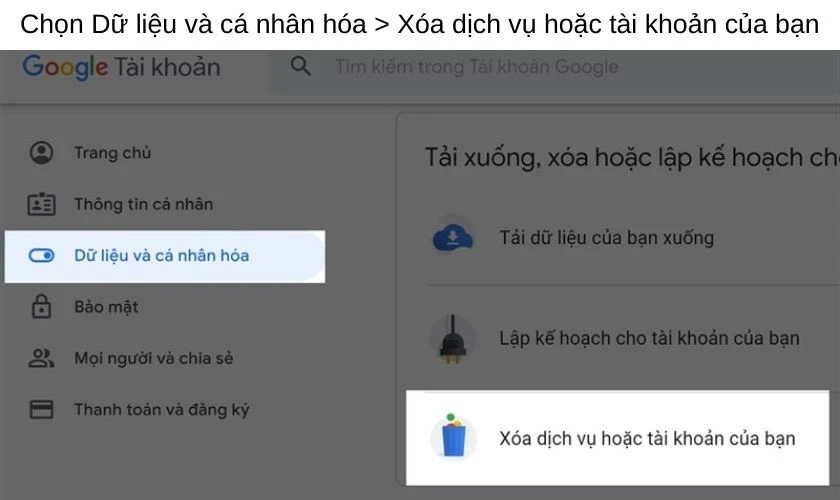 Chọn X&oacute;a dịch vụ hoặc t&agrave;i khoản