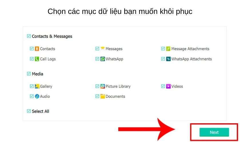 Tiếp theo bạn h&atilde;y chọn mục m&agrave; bạn cần kh&ocirc;i phục v&agrave; nhấm Next