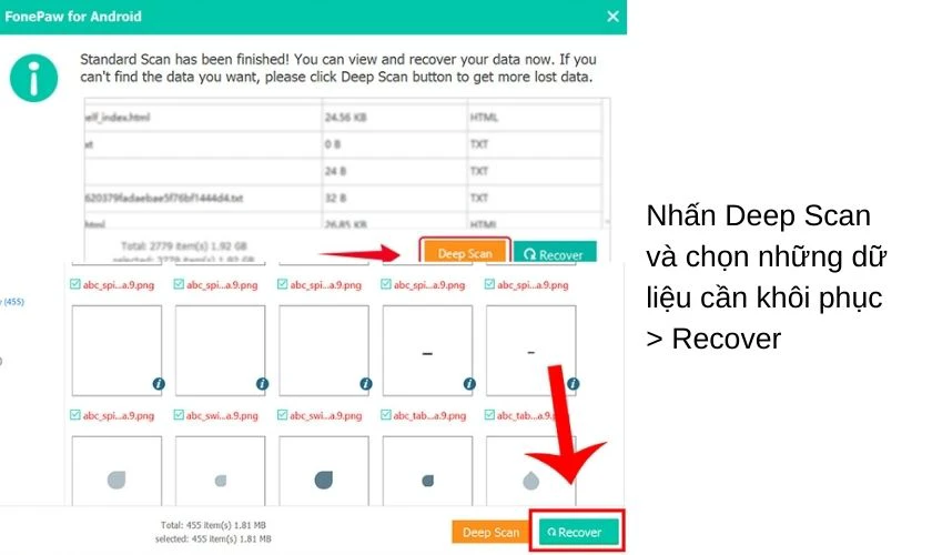 nhấn Deep Scan để truy cập v&agrave;o c&aacute;c dữ liệu s&acirc;u hơn