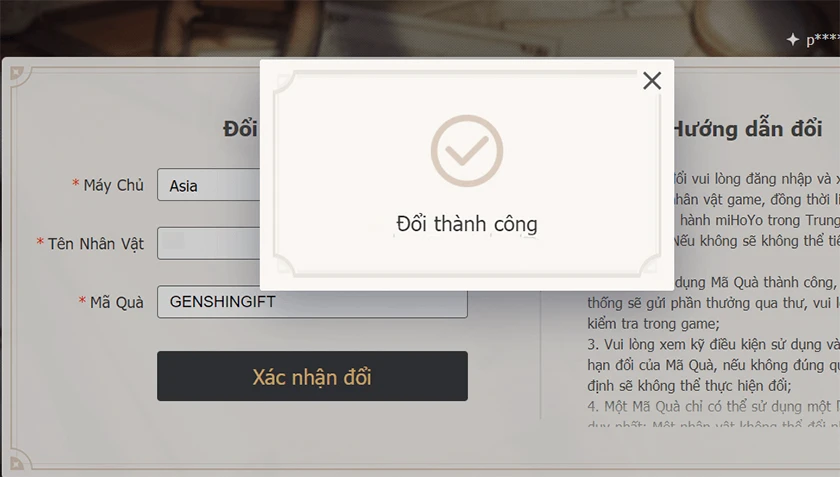 Chọn v&agrave;o X&aacute;c nhận đổi qu&agrave; (Genshin redeem code)