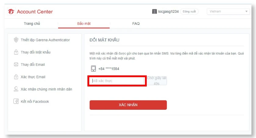 Nhập m&atilde; x&aacute;c thực qua SMS của điện thoại