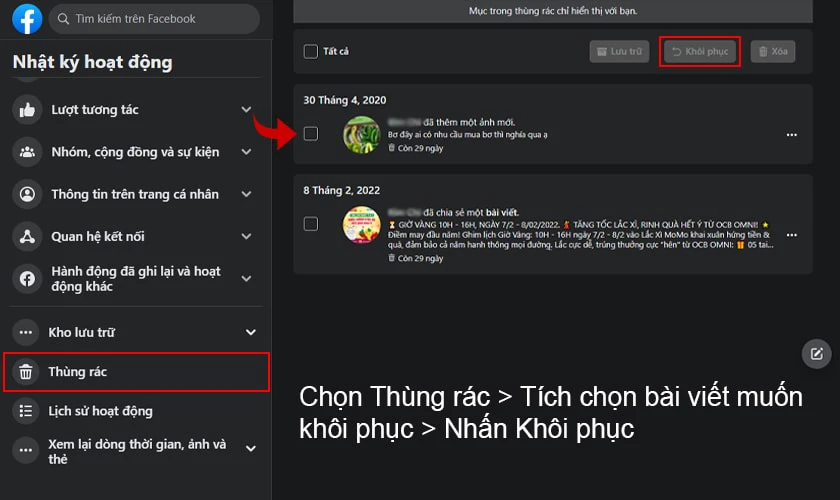 Hướng dẫn kh&ocirc;i phục, lấy lại b&agrave;i viết đ&atilde; x&oacute;a tr&ecirc;n Facebook bằng m&aacute;y t&iacute;nh đơn giản