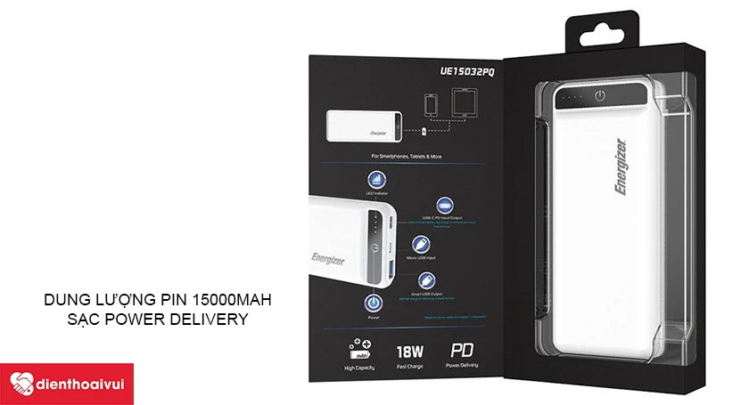 Dung lượng pin l&ecirc;n đến 15000mAh, c&ocirc;ng nghệ sạc Power Delivery