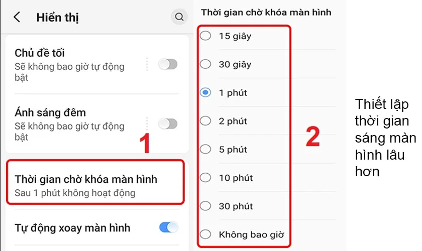 Điều chỉnh lại thời gian sáng màn hình