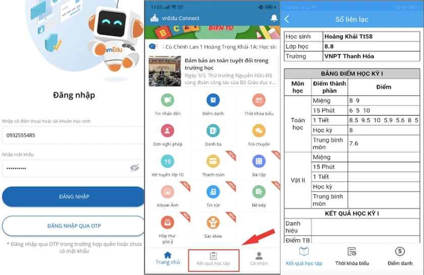 Vnedu sổ li&ecirc;n lạc tra cứu kết quả học tập tr&ecirc;n điện thoại v&agrave; m&aacute;y t&iacute;nh