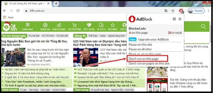 chọn &ldquo;Kh&ocirc;ng chạy đối với trang web tr&ecirc;n miền n&agrave;y&rdquo;