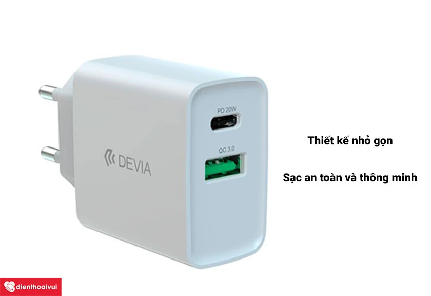 Củ sạc 2 cổng Type-C v&agrave; USB Devia Smart series 20W - Sạc nhanh, an to&agrave;n