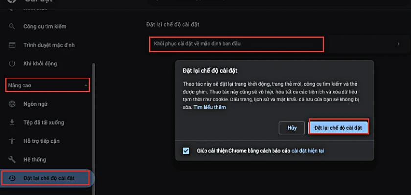 Kh&ocirc;i phục c&agrave;i đặt gốc của Google Chrome