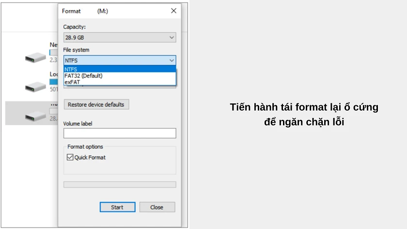 Nh&acirc;́n chu&ocirc;̣t phải vào thi&ecirc;́t bị lưu trữ đã k&ecirc;́t n&ocirc;́i và chọn mục Forma