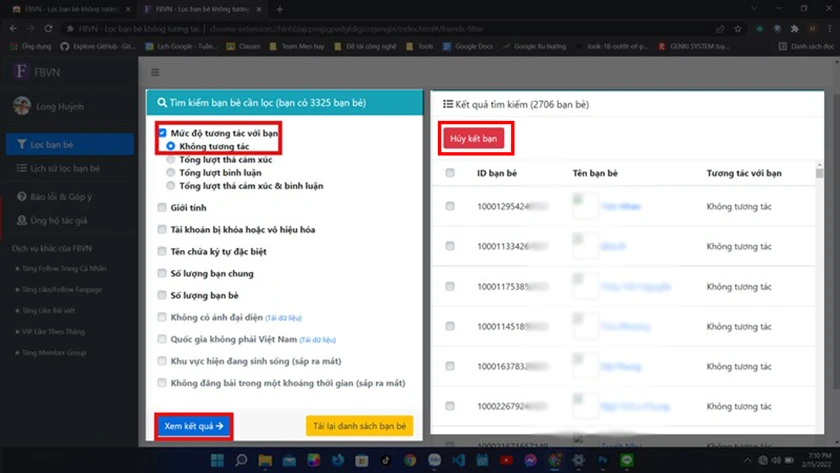 Cách lọc bạn bè không tương tác trên Facebook bằng FBVN