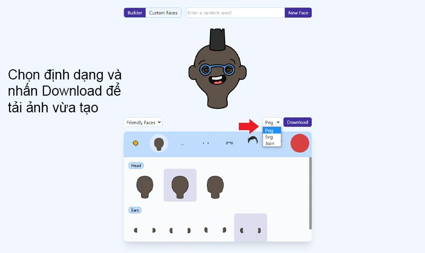 chọn định dạng muốn tải về bao gồm PNG, SVG v&agrave; JSON cho ảnh đại diện vừa tạo