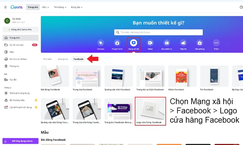chọn mục Mạng x&atilde; hội > Chọn tab Facebook > Logo