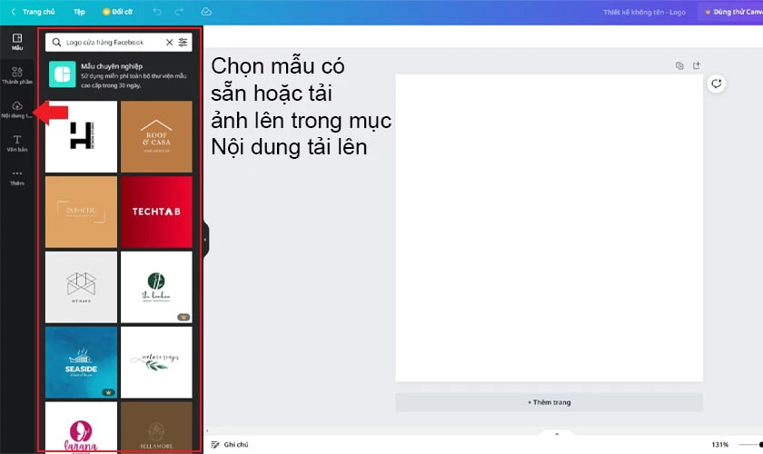 Chọn mẫu c&oacute; sẵn trong mục Mẫu ở cột b&ecirc;n tr&aacute;i