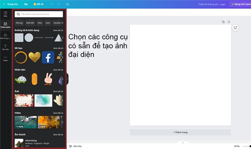 Chọn c&aacute;c c&ocirc;ng cụ như Th&agrave;nh phần, Văn bản, Th&ecirc;m
