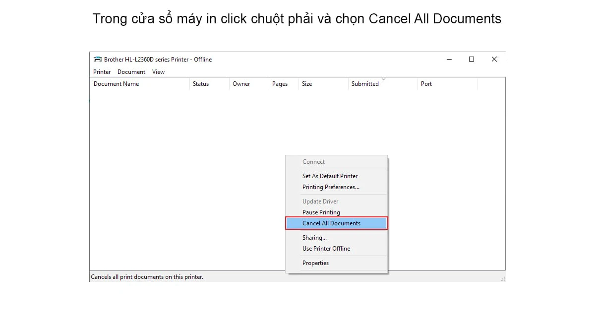 Cách hủy lệnh in bằng Devices and Printers
