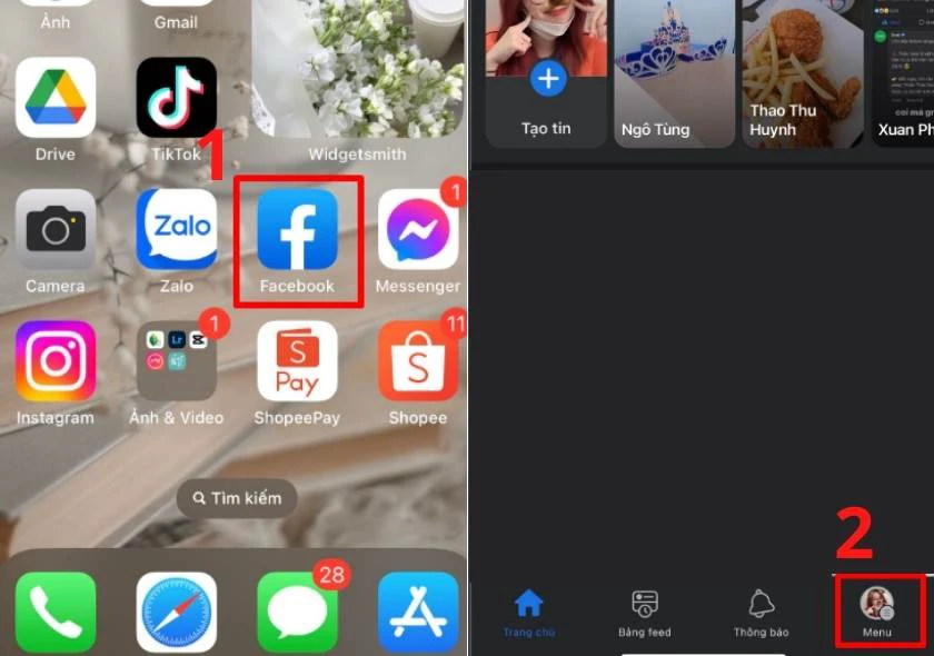 Chọn v&agrave;o tab Menu tr&ecirc;n Facebook