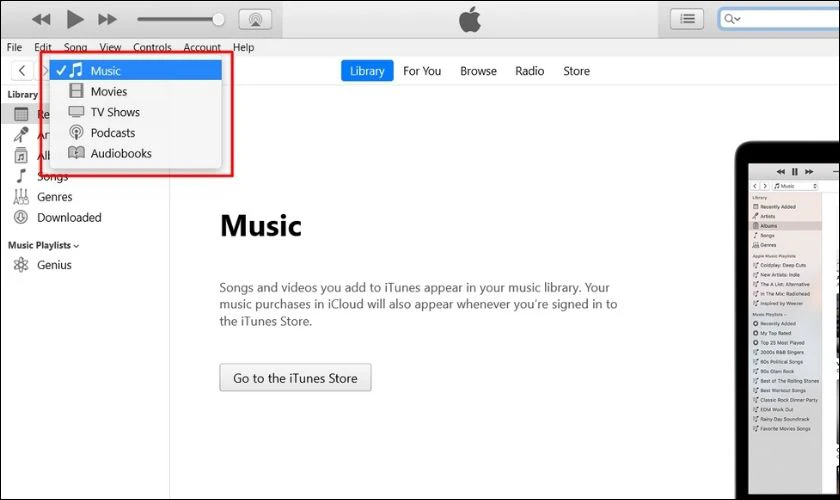 Chọn mục Podcast tr&ecirc;n giao diện iTunes tr&ecirc;n m&aacute;y t&iacute;nh