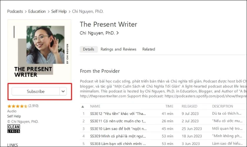 Chọn Subscribe để theo d&otilde;i khi n&agrave;o chủ k&ecirc;nh Podcast ra tập mới