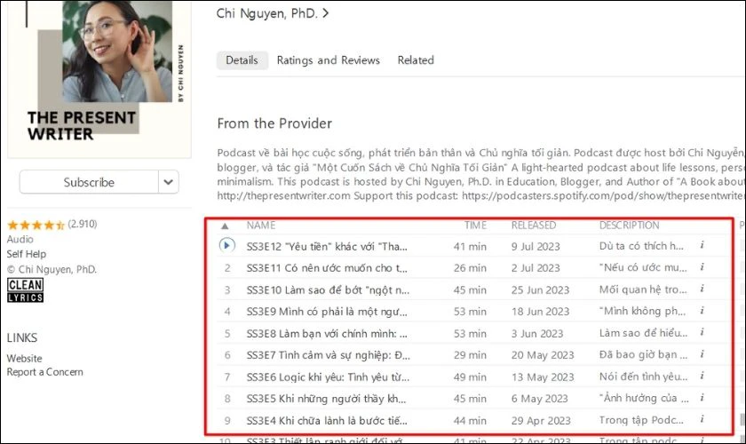 Chọn trực tiếp tập muốn nghe tr&ecirc;n trang của chủ k&ecirc;nh Podcast