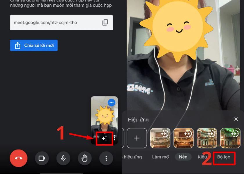 Chọn v&agrave;o bộ lọc tr&ecirc;n Google Meet để th&ecirc;m filter
