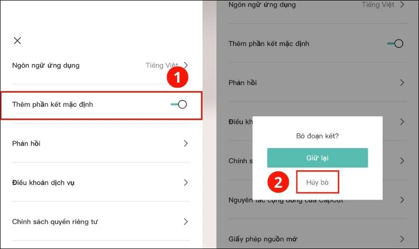 chọn bỏ thêm phần kết mặc định