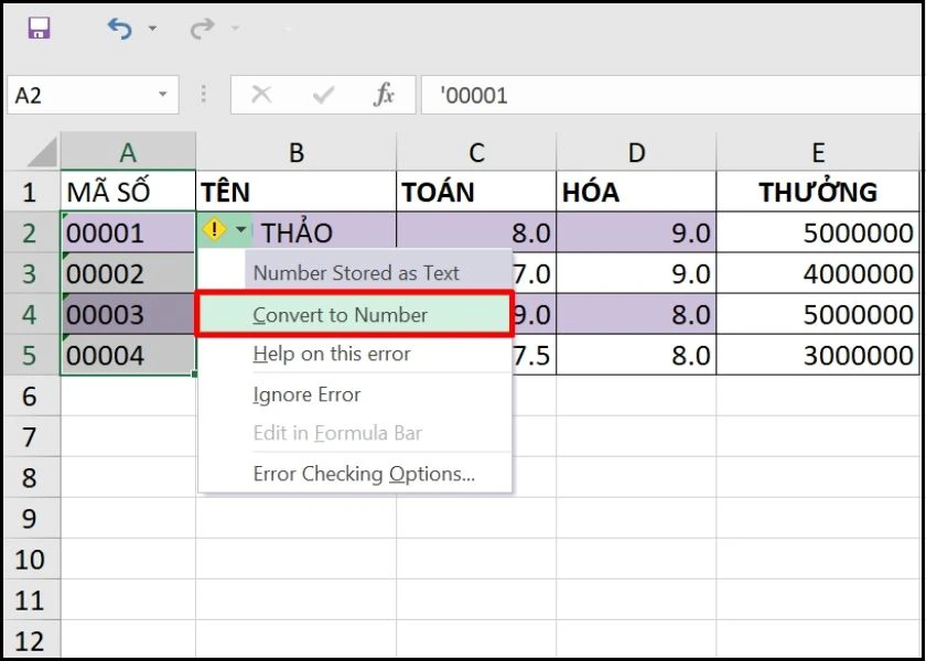 chọn convert to Number
