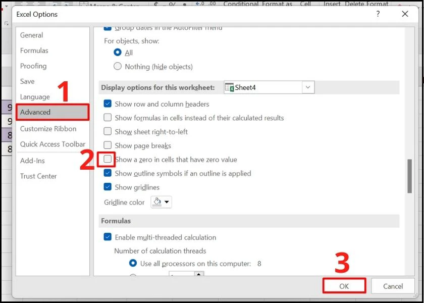 cách xóa số 0 trong excel