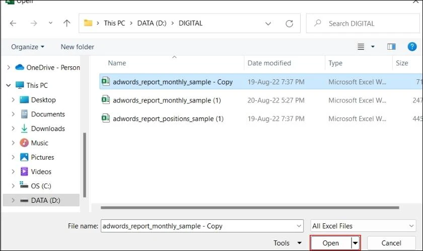 nhấn open, khôi phục file excel chưa lưu