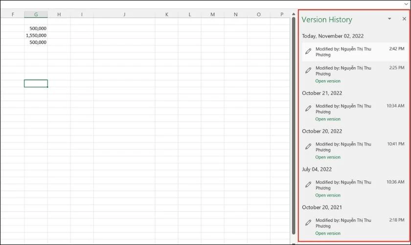 chọn lịch sử file excel chưa lưu muốn lấy lại