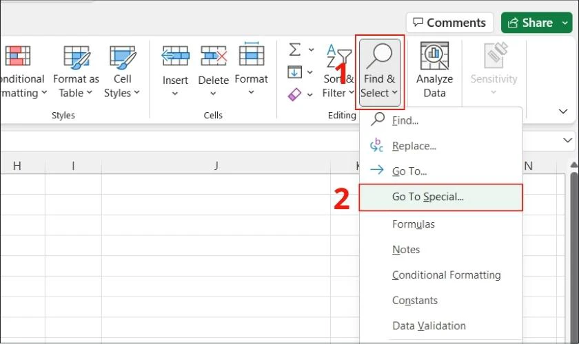 nhấn go to special, xử lý file excel có dung lượng quá lớn
