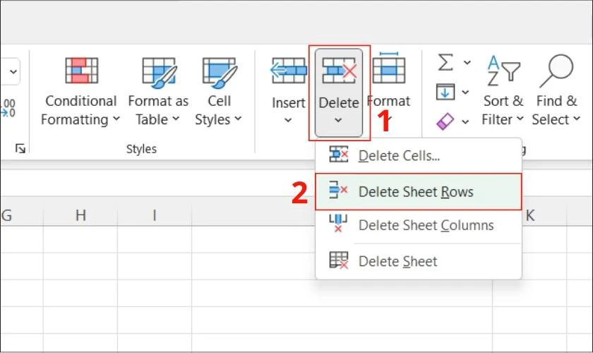 chọn delete sheet rows nếu excel bị chậm