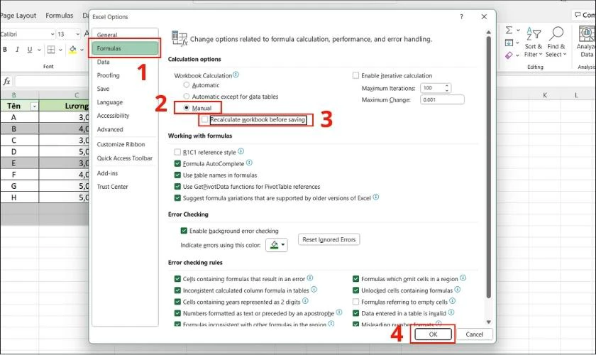 bỏ chọn Recalculate Workbook Before Saving khi mở file excel bị chậm