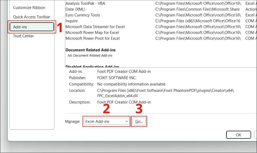 cách vô hiệu hóa Add-ins, khắc phục lỗi mở file excel bị chậm
