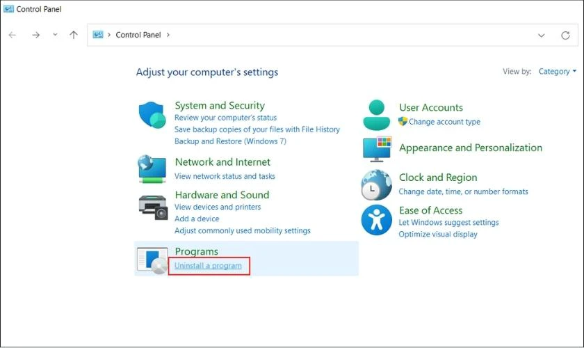 nhấn vào uninstall a program, xử lý file excel có dung lượng quá lớn
