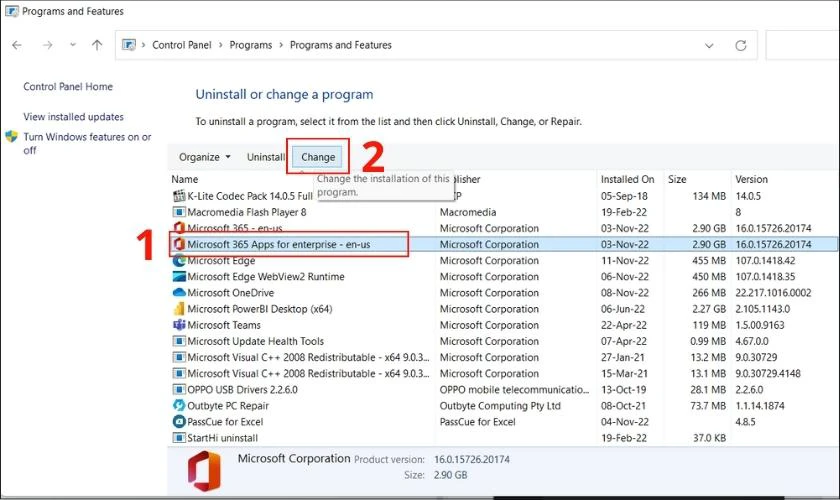 tìm microsoft office rồi nhấn change, khắc phục lỗi mở file excel bị chậm