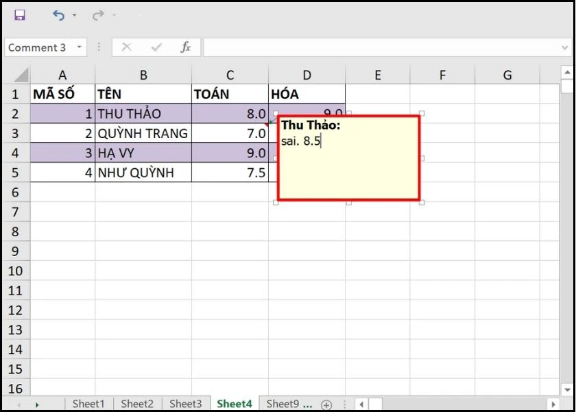 cách ghi chú trong excel