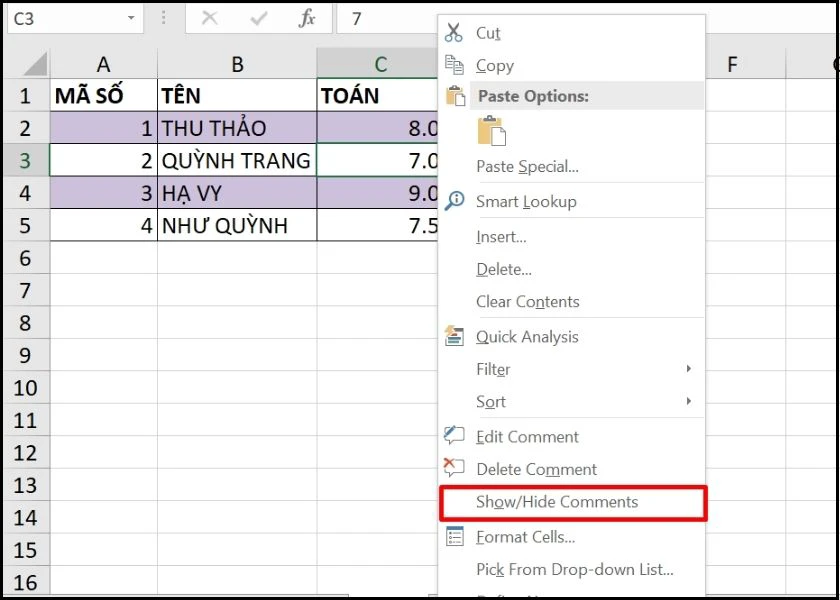 cách ghi chú trong excel
