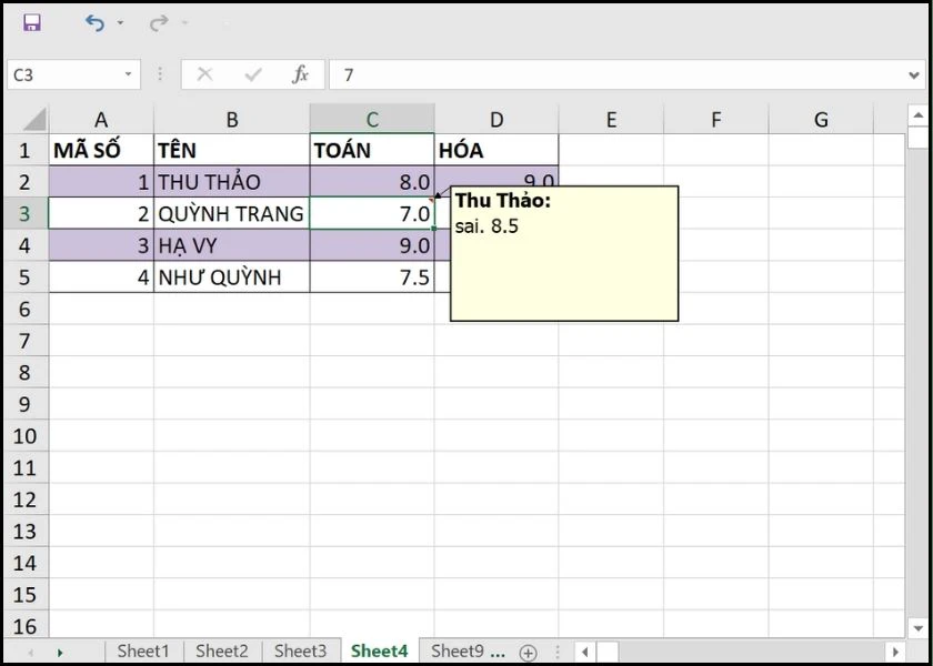 cách ghi chú trong excel