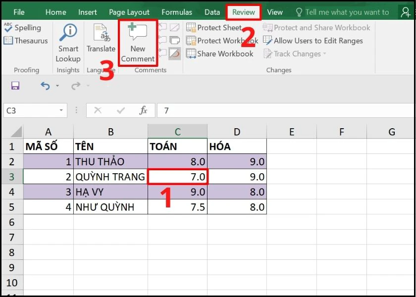 tạo comment bằng thanh ribbon