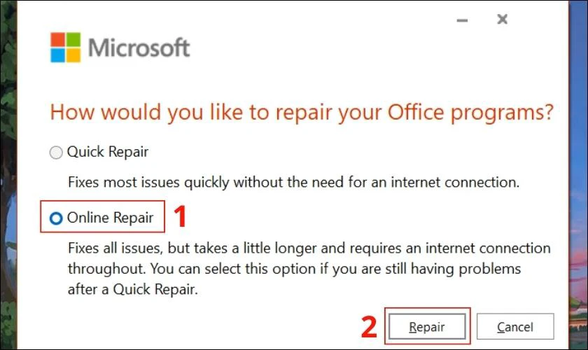nhấn repair, khắc phục lỗi không mở được file excel