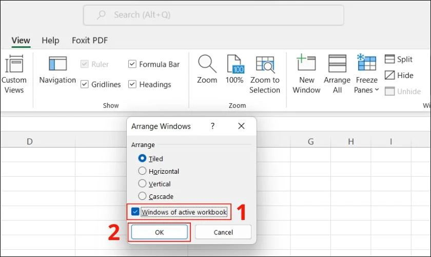 chọn vào windows of active workbook, sửa lỗi mở file excel bị trắng