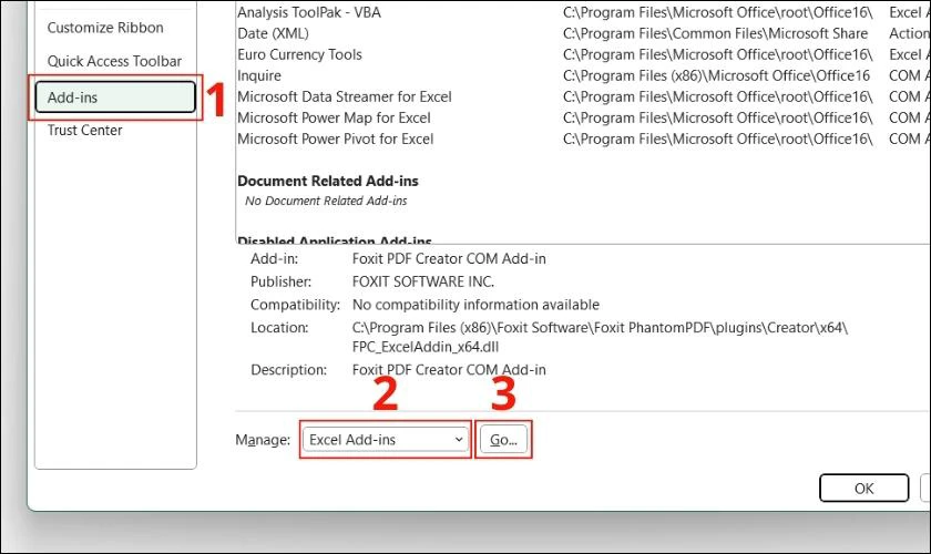 chọn excel add-ins khắc phục lỗi không mở được file excel
