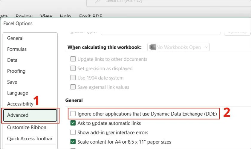 vô hiệu hóa dynamic data exchange, sửa lỗi không mở được file excel
