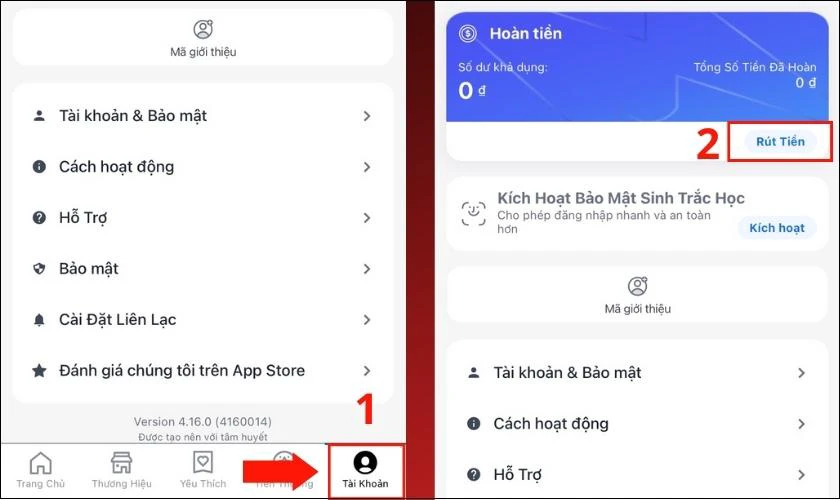 r&uacute;t tiền từ ứng dụng