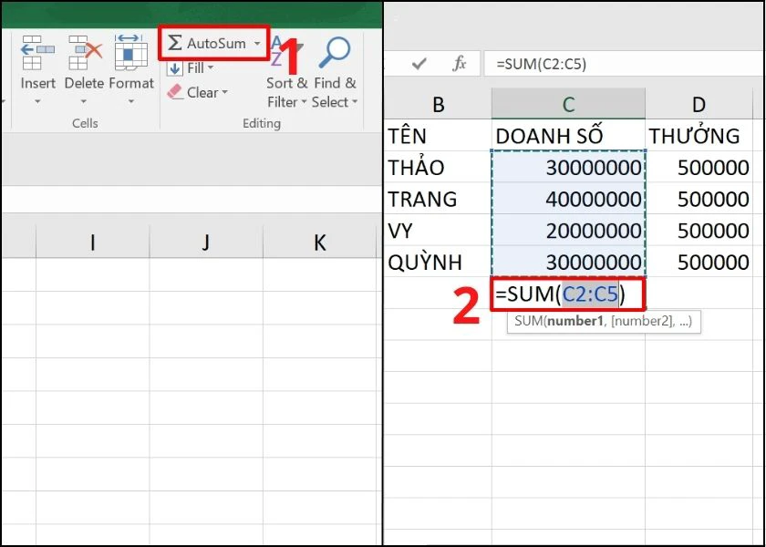 công thức tính tổng trong excel