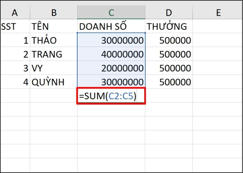 tính tổng với hàm sum
