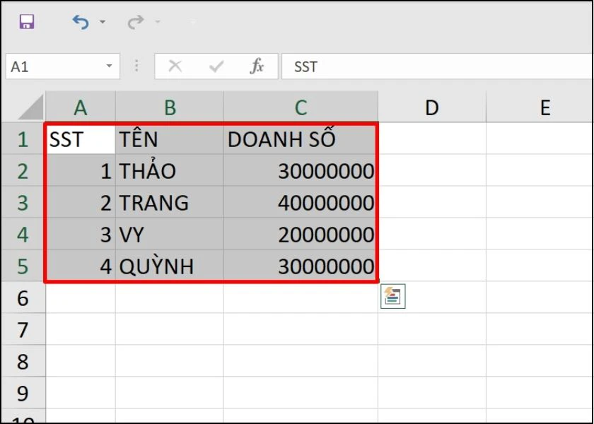 chuyển dữ liệu vào bảng để tổng